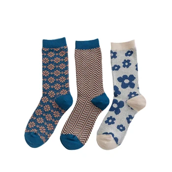 1 Чифт женски чорапи Пролет Есен в ретро стил, Висококачествени Мъжки чифт памучни чорапи с цветя модел на райета, сини Чорапи цветове