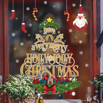 2024 Весела Коледа Стикер На Стъклото На Вратата На Златната Коледна Елха-Статична Стикер Дядо Коледа Лосове Снежинка Стикер На Прозореца