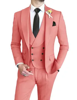 3шт Официални мъжки костюми Slim Fit Двубортный Бизнес мъжки блейзър за булката, булчински комплект с яка-шал (яке + жилетка + панталони)