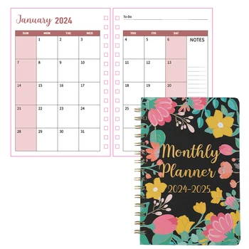 52 листа Месечен ежедневника с цветен модел на 2024-2025 години, две годишен календар в винтажной картонени корици, Седмичен график, Черна тетрадка за ученици.