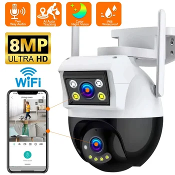 8-Мегапикселова 4K PTZ Wifi Камера с Двойна Леща и Двоен Екран Ai Human Detect Wireless Outdoor Surveillance P2P ВИДЕОНАБЛЮДЕНИЕ Camera App iCSee