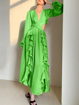 Gypsylady Зелена рокля Макси с висока улица, бандажное открито Секси рокля с V-образно деколте и накъдрен, красива рокля за парти, Vestidos