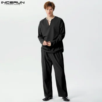 INCERUN 2023, Модерен Мъжки комплекти в Американски стил, Блузи с дълги ръкави, Панталони От Плетиво Еластична Тъкан С V-образно деколте, Прост Костюм, 2 броя, S-5XL