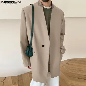INCERUN 2023 Мъжки Сако в стил мозайка с V-образно деколте и дълъг ръкав, есенни Мъжки Ежедневни костюми, Градинска дрехи, Корейски Модни Тънко палто на една пуговице