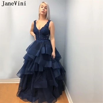 JaneVini Елегантни Вечерни рокли трапецовидна форма, Тъмно синьо на цвят, с дълги многоярусными накъдрен, V-образно деколте, апликации от мъниста, без табли, рокля от органза, халат Дълъг