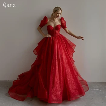 Qanz/ Червени рокли за бала трапецовидна форма, Vestidos De Noche, вечерни рокли с къс ръкав-капачки, вечерни рокли от лъскави тюл във формата на сърце