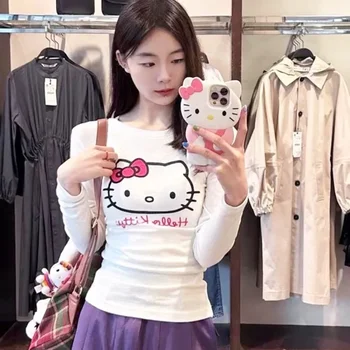 Sanrio Hello Kitty Y2k Дамски Тениски с дълъг ръкав, Дамски Блузи, Укороченная Долна риза, За Готините Момичета, Тенденция на Облекло, Модна Тениска