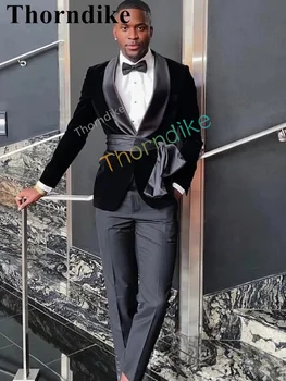 Thorndike 2022 Нов стил на Черно кадифе размер Модни парти Мъжете Младоженеца на Сватбен Смокинг Сако с ревери Комплект от 2 теми
