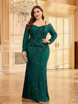 XUIBOL Плюс размер Луксозно Зелена вечерна рокля с открити рамене, расшитое пайети, Женски атласное рокля с дълъг ръкав дължина до пода, коктейл рокля за бала