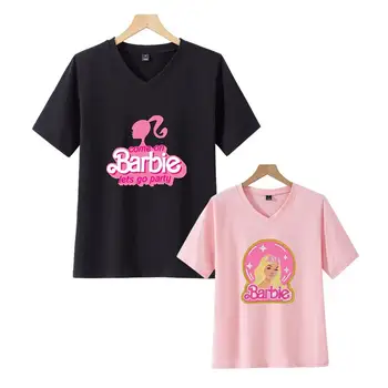 Аниме Барби Мода с къс ръкав Kawaii Универсална тениска за момчета и момичета с леко V-образно деколте, модерни ежедневни дишащи тениски, потници, подарък за двойки