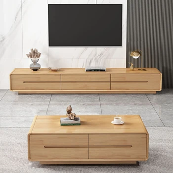 Всекидневна в скандинавски стил, комбинация от ТВ-шкафове, модерна масичка за кафе, пейка за телевизор, минималистичная мебели от масивно дърво за дневна лукс