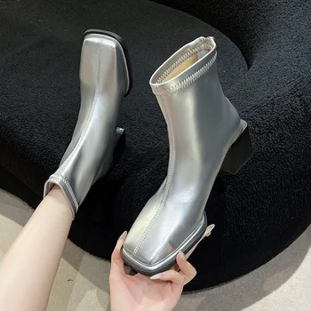 Дамски обувки на платформа 2023, Класически Дамски Ботильоны С квадратни пръсти, Висококачествени Кафяви Къси ботуши, Прости Обикновена Модни обувки с цип