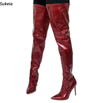 Дамски пролетни ботуши до бедрото, изработени ръчно Sukeia Унисекс на висок ток с остър пръсти, красиви червени вечерни обувки с пукнатини, размерът на САЩ 5-15