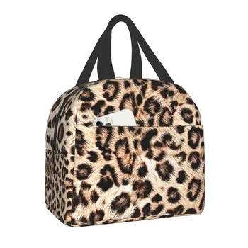 Дамски чанта за обяд с леопардовым принтом, портативен хладилник от кожата на животното, термос за обяд, ученически чанти за пикник за деца
