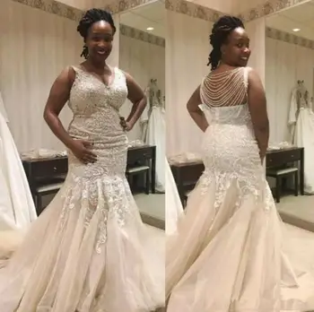 Дантелени рокли на Африканската Русалка 2024 С V образно деколте и апликации, сватбени рокли големи размери, Веригата от мъниста, Тюлевая сватба