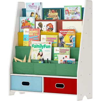 Детска bookshelf SEIRIONE, рафтове за детска изложба на стоките, 4 висящи и 2 кутии за съхранение на играчки, органайзер, бял