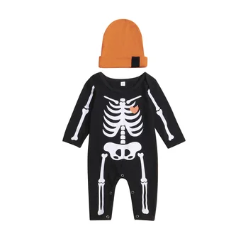 Детски Пролетно-есенен костюм за Хелоуин за деца 0-18 месеца с шапочкой за момчета с принтом скелета, през цялата силует, гащеризон с дълъг ръкав + шапка