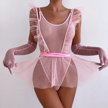 Еротично бельо с отворен гръб, боди, секси бельо коригиращо бельо, монтиране секси монтиране на анцуг, Пола, с ръкавици лилав цвят