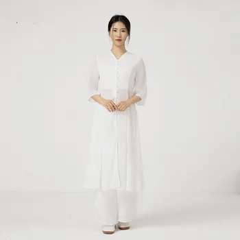 Жена комплект за йога от бял шифон, 2 броя, една Дълга рокля в китайски традиционен стил, Широка пола, панталон-кюлоты, Чайна Феи Дзен