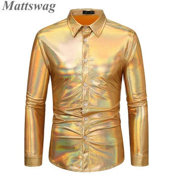 Златна Дизайнерски Мъжка риза 70-те Disco, Луксозна Брилянтна Сценична Мъжки дрехи, За да се изяви, Свободна Вечер Денс Риза За Абитуриентски бал, Сватба Ризата Hombre
