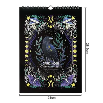 Календар на фазите на Луната 2024, Стенен календар серия Dark Forest Elf с орнаменти на месец, Подвесное украса във формата на Луната за дома