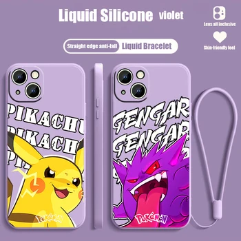 Калъф За телефон Pokémon Pikachu Gengar За iPhone 14 13 12 mini 11 Pro Max 8 7 Plus XR XS X Liquid Въжето Funda Cover