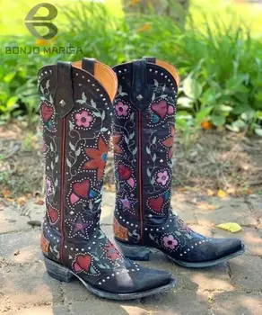 ковбойки ковбойское сърцето цветни ботуши до средата на прасците дамски ботуши на наборном токчета за Дамски ботуши в стил Уестърн с бродерия обувки големи размери 46