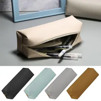 Компактен молив случай, тънък калъф за моливи, кожена дръжка, цип, молив и косметичка - чанта за канцеларски материали