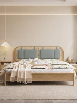 Легло от масив бял восък дърво, модерна и лесна, изцяло от масивно дърво, спалня със скандинавски, японски стил, сватбена легло, домашен мека мебел