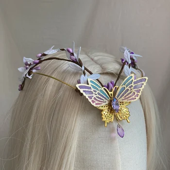 Лесовъдство диадема, корона пеперуди-вещици, накити за косата Fairycore на челото Елф, лилава крило Феи, кристален диадема с кружащимися плодове