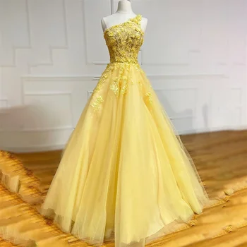 Лилейно-жълто дантелено елегантна секси сватбена рокля с едно рамо, рокля знаменитост, рокли за специални случаи, вечерни халати