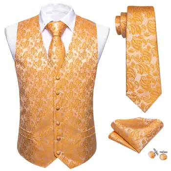 Луксозен копринен елек за мъже, оранжево, жълто, Сребристо, с цветя модел Пейсли, Комплект за вратовръзки, Сватбена официалната парти, яке без ръкави Бари Уонг