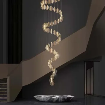 Модерна въртяща кристален стълбище, led полилей, Луксозен креативен дизайн, осветителни тела за вътрешно осветление вили, Златен акрил окачен лампа