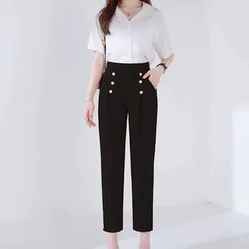 Модерна Елегантна простота Пролетно-лятна Тънък дамски дрехи 2023 Ежедневни обикновена панталони с еластичен ластик на талията и преки бутони