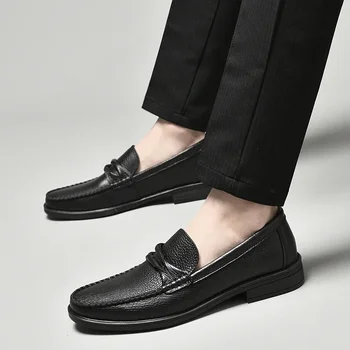 Мъжки обувки 2023 г., висококачествени ежедневни кожени обувки без закопчалка, есенна однотонная плиссированная платформа на масивна обувки, Ежедневни работна бизнес обувки