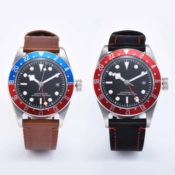 Мъжки часовник GMT 41 мм Механични ръчни часовници син сапфир Автоматично военен календар Часовник за гмуркане Кожа Водоустойчив светещи Без лого