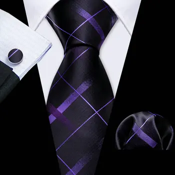 Нов Черен Лилаво Мъжки Карирани Копринена вратовръзка, Модерни тъкани костюми, Комплекти кв. копчета за ръкавели за бизнес партита, Дизайнерски подаръци Бари.Wang