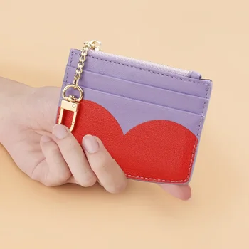 Нова мода Все однотонное Креативна чанта за карти със сърца Портфейл с цип Скъпа модерна чанта за карти от кожа