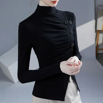 Новата есенна женска тениска 2023 г., модни и ежедневни тениска с дълги ръкави в китайски стил, черни блузи, блузи