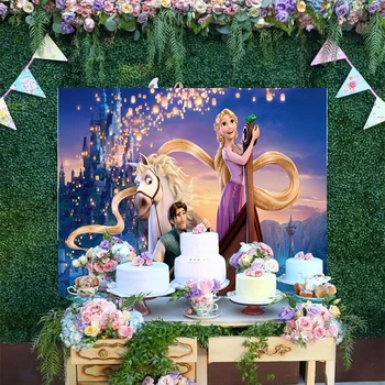 Приказен замък от анимационен филм на Дисни, на Бял кон, принцеса, сложен произход Рапунцел, банер, фон за украса на парти рожден Ден.