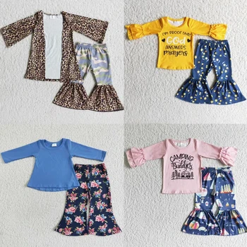 Промоция Детски Дрехи с цветен печат за малки момичета Блузи с дълъг ръкав Леопардовый комплект на Едро Детски Разкроена панталони Облекло