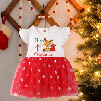 Първата ми Коледна рокля за новородено, рокли пачки с елени за малки момичета, Екипировки за коледно парти за малки принцеси, Подаръци