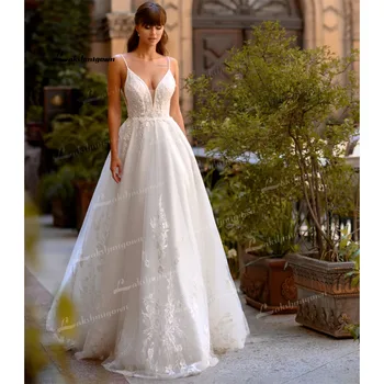 Сватбена рокля Трапецовидна форма С кружевными бретельками-Спагети И Отворен Гръб, Сексуална Сватбена рокля От Уникален Тюл vestido longo 2022