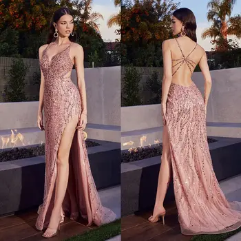 Секси розова вечерна рокля с V-образно деколте, елегантен дантелено рокля-русалка без ръкави, секси вечерна рокля с отворен гръб и висока цепка за парти, за абитуриентски бал