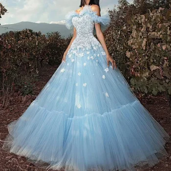 Сладко синьо тюлевое вечерна рокля за рождения ден с аппликацией на бретелях, рокля на принцеса с помпоном дължина до пода, вечерна рокля