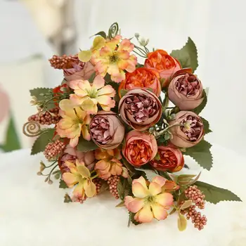 Цветя от изкуствена коприна, Елегантна композиция от копринени рози за домашен декор на сватбени партита, реалистичен изкуствени цветя, в центъра, изискан