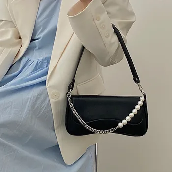 Чанта през рамо с перли на веригата квадратна форма, лесна чанта за през рамото от изкуствена кожа под мишниците, чанта през рамо